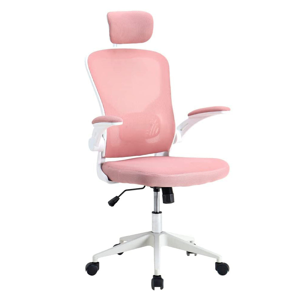 Scaun de birou ergonomic cu suport lombar si tetiera, roz