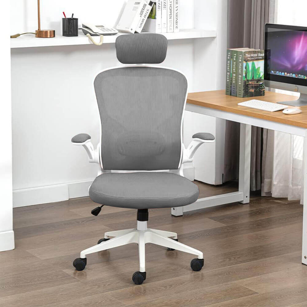 Scaun de birou ergonomic cu suport lombar si tetiera, gri